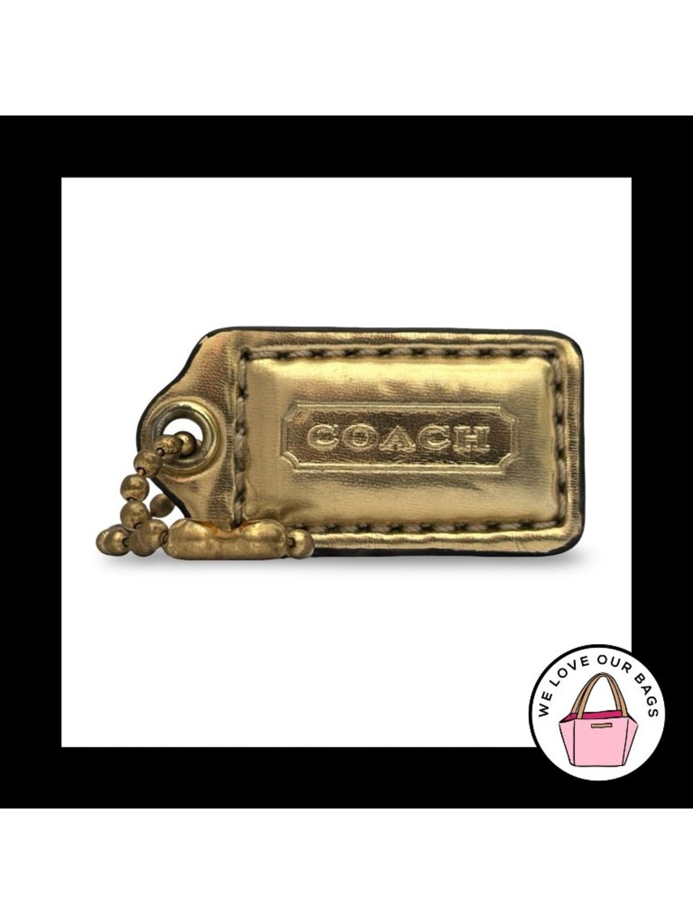 COACH POPPY Hang Tag 1.5" Gold Mirrored Leather Bag Charm Keychain Fob Small